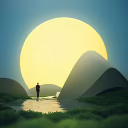 a man looks at the setting sun at the edge of a body of water