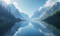 the mountain range and lake are surrounded by trees
