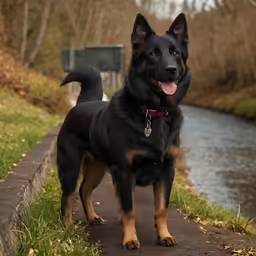 a dog stands on a path near a body of water