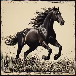 a drawing of a horse running in the grass