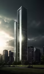 a skyscraper with many windows standing on the side of a road