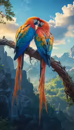 two parrots sitting on a tree branch in front of mountains