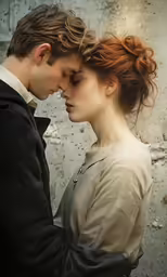 a woman and a man embrace by a gray wall