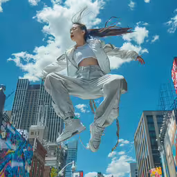 a girl is suspended by strings in the city,a woman in white pants jumping through the air