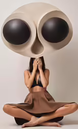 a woman sitting on the floor with a pair of oversized heads on her head