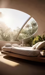 a bed is on display in a large room