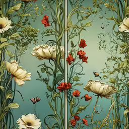 a painting with white flowers and butterflies on blue background
