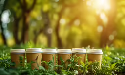 four coffee cups are lined up in a row
