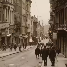 several men walking down the street in front of old buildings