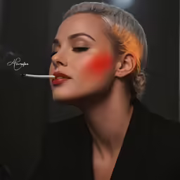 a woman in a black jacket holding a cigarette, looking down at her face