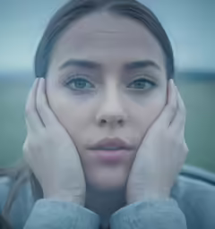 a girl is shown looking away, with her hands over her face