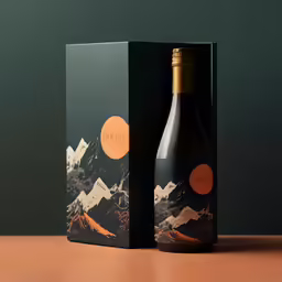 the bottle of wine is next to a box with mountains