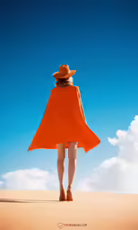 a woman in orange is standing alone on a large sand dune