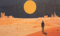 a person standing on a sandy plain by the sun