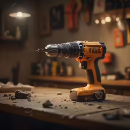a drill is sitting on a work bench