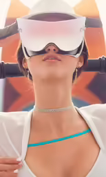 woman adjusting glasses in front of a tennis racket