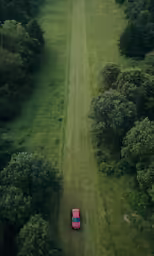 a red truck is going through the field by some trees