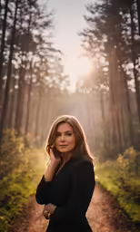 a woman in a business suit is posing by the trees