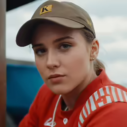 a young girl wearing a baseball hat sitting in front of a truck