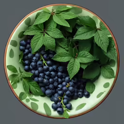 a bowl filled with blueberries and leaves
