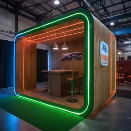 a modern exhibit booth at an event featuring wooden materials