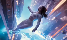 a beautiful young woman floating in a futuristic city
