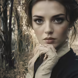 a woman with blue eyes posing for the camera