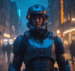 a man standing in the middle of a city at night,a person in uniform with helmet on a street