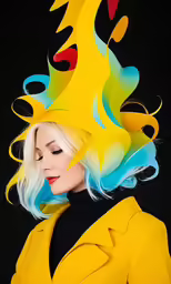 a woman with long white hair wearing a yellow suit