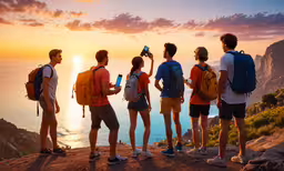 there is some people standing on a cliff top taking pictures,five young men take photos on the phone, while another man takes pictures on his cellphone
