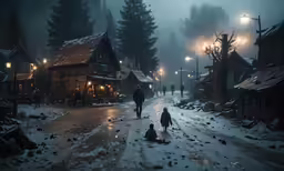 a person walks in the snow near small houses
