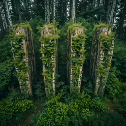 four giant carved statues standing in a forest