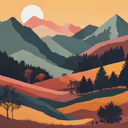painting of a scenic scene with mountains and trees,the illustration is depicting an autumn landscape