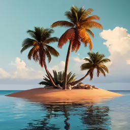 the two palm trees sit near the small island