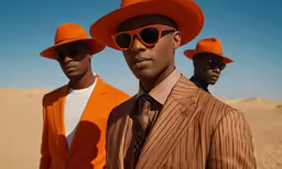 two men in suits and sunglasses are standing side by side in the desert