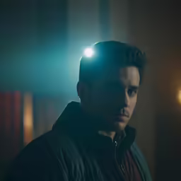 a man with the light on stands near some lights