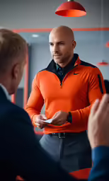 an orange shirt is worn by a man in the middle of the room
