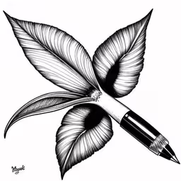 a black and white drawing of a pen resting on top of some flowers,a pencil drawing of leaves and a branch