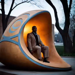 a man sits in a small piece of art