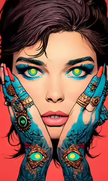 a woman with blue eye makeup holding her hands together