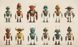 multiple humanoid designs from different eras of life, with multiple characters