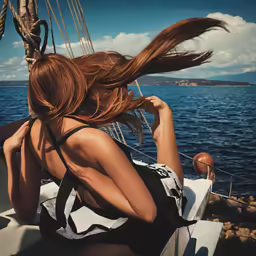 a woman sitting on a boat looking at the water