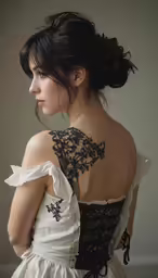 a woman wearing white dress with black detail on back