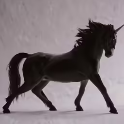 a toy black unicorn walking across the snow
