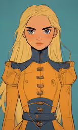 blond haired girl dressed in yellow and blue outfit