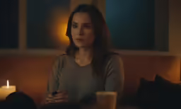 a woman sits in the dimly lit room as a candle sticks out of her pocket