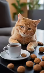 cat with cup and saucer, next to almonds