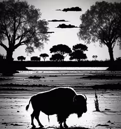 an animal is standing in front of trees,the bison is grazing on the grass in the distance