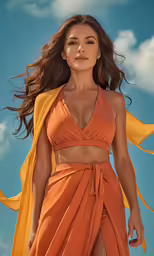 a beautiful woman with long hair wearing a dress and an orange shawl
