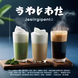 three beverages sitting on a wooden stand next to each other